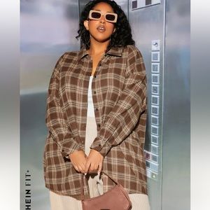 SHEIN FIT+ Plus Plaid Print Drop Shoulder Shirt